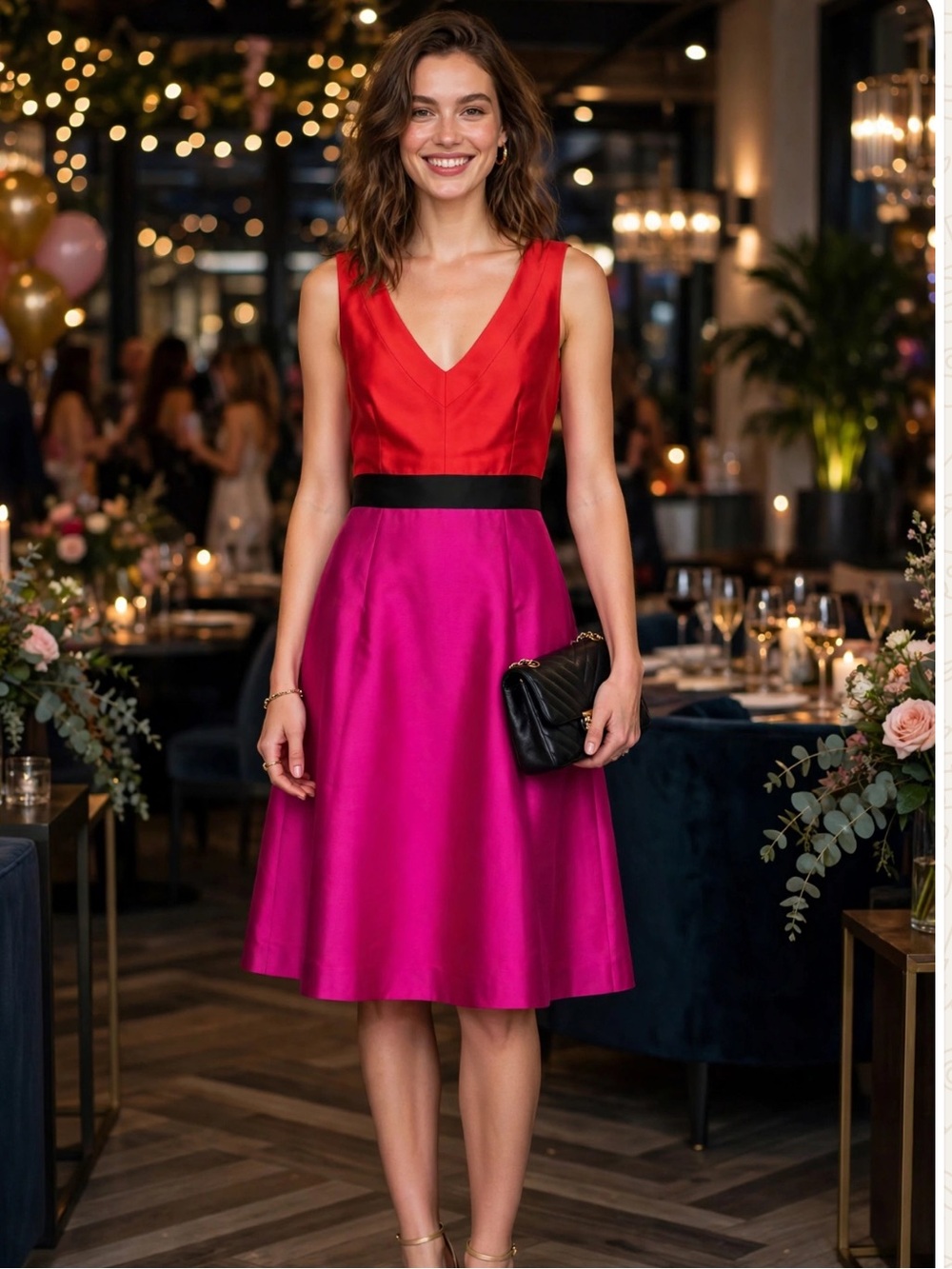 Kate Spade Sleeveless Colorblock V-Neck Dress in Red and Fuchsia